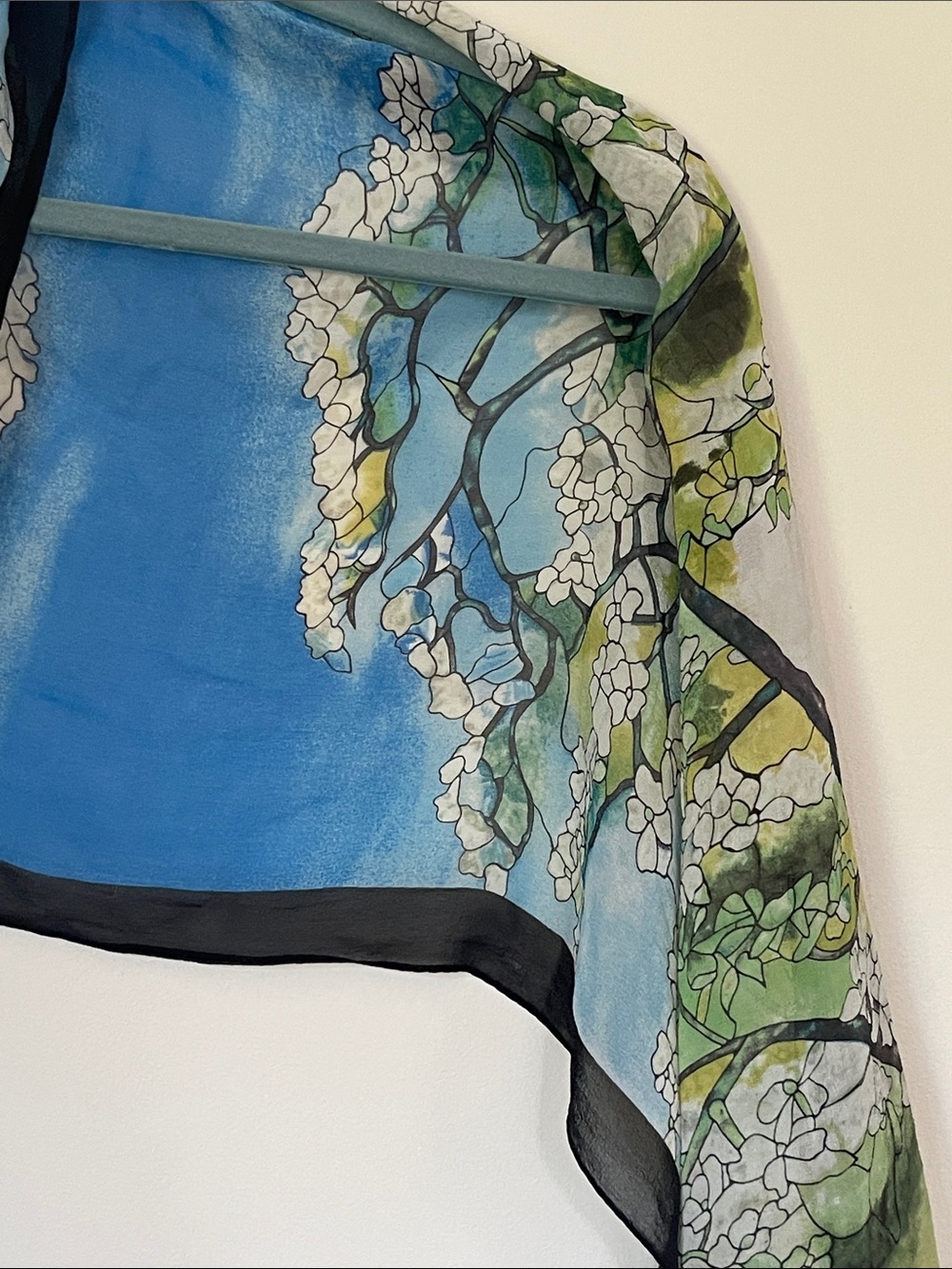 Silk Botanical Floral Print Scarf in Green & Blue